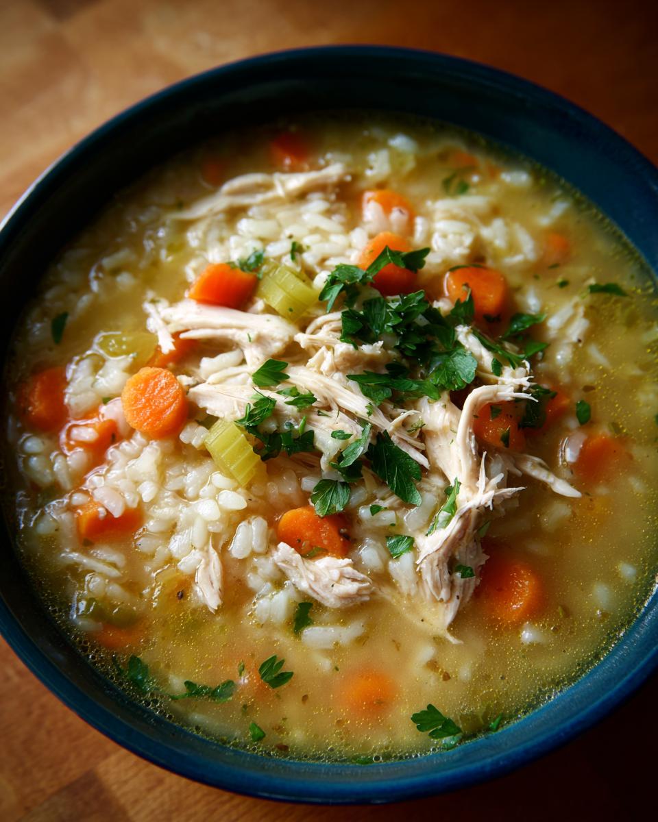Close-up of a hearty bowl of turkey soup featuring shredded turkey, rice, carrots, celery, and fresh parsley garnish.