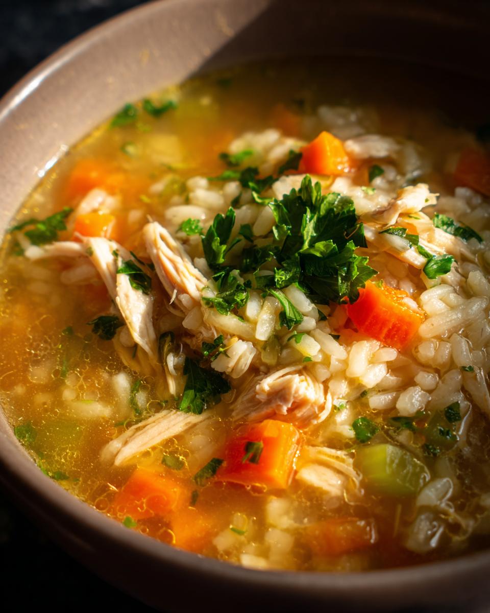 Close-up of a bowl of rich turkey soup containing shredded turkey, rice, carrots, and fresh parsley garnish.