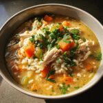 A close-up of a hearty bowl of turkey soup featuring shredded turkey, rice, diced carrots, celery, and fresh parsley garnish.