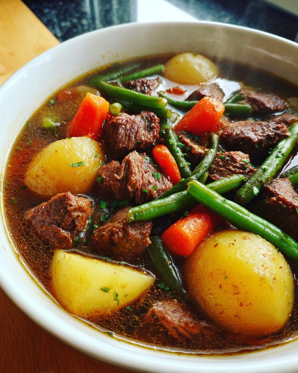 Close-up of a steaming white bowl filled with rich vegetable beef soup featuring chunks of beef, potatoes, carrots, and green beans.