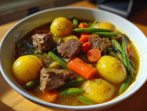 Close-up of a bowl of hearty vegetable beef soup featuring chunks of beef, whole small yellow potatoes, carrots, and green beans.