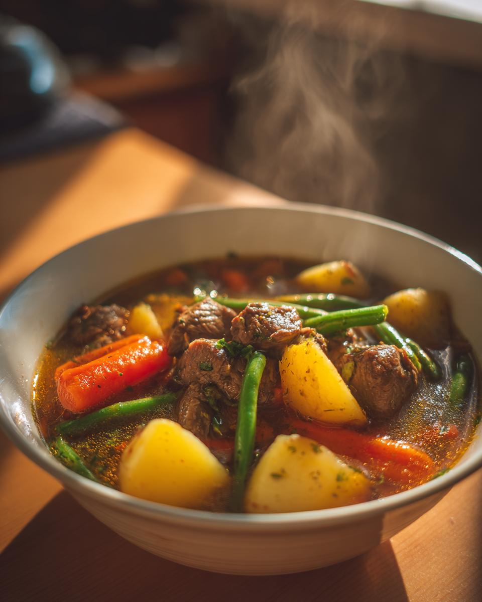 Close-up of a steaming bowl of hearty vegetable beef soup featuring chunks of beef, potatoes, carrots, and green beans.