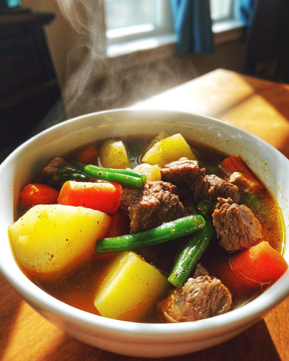 Close-up of a steaming white bowl filled with hearty vegetable beef soup, featuring chunks of beef, potatoes, carrots, and green beans.