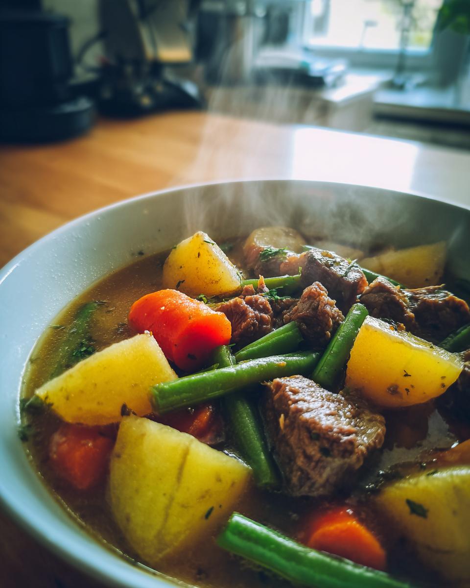 Close-up of a steaming bowl of hearty vegetable beef soup with chunks of beef, potatoes, carrots, and green beans.