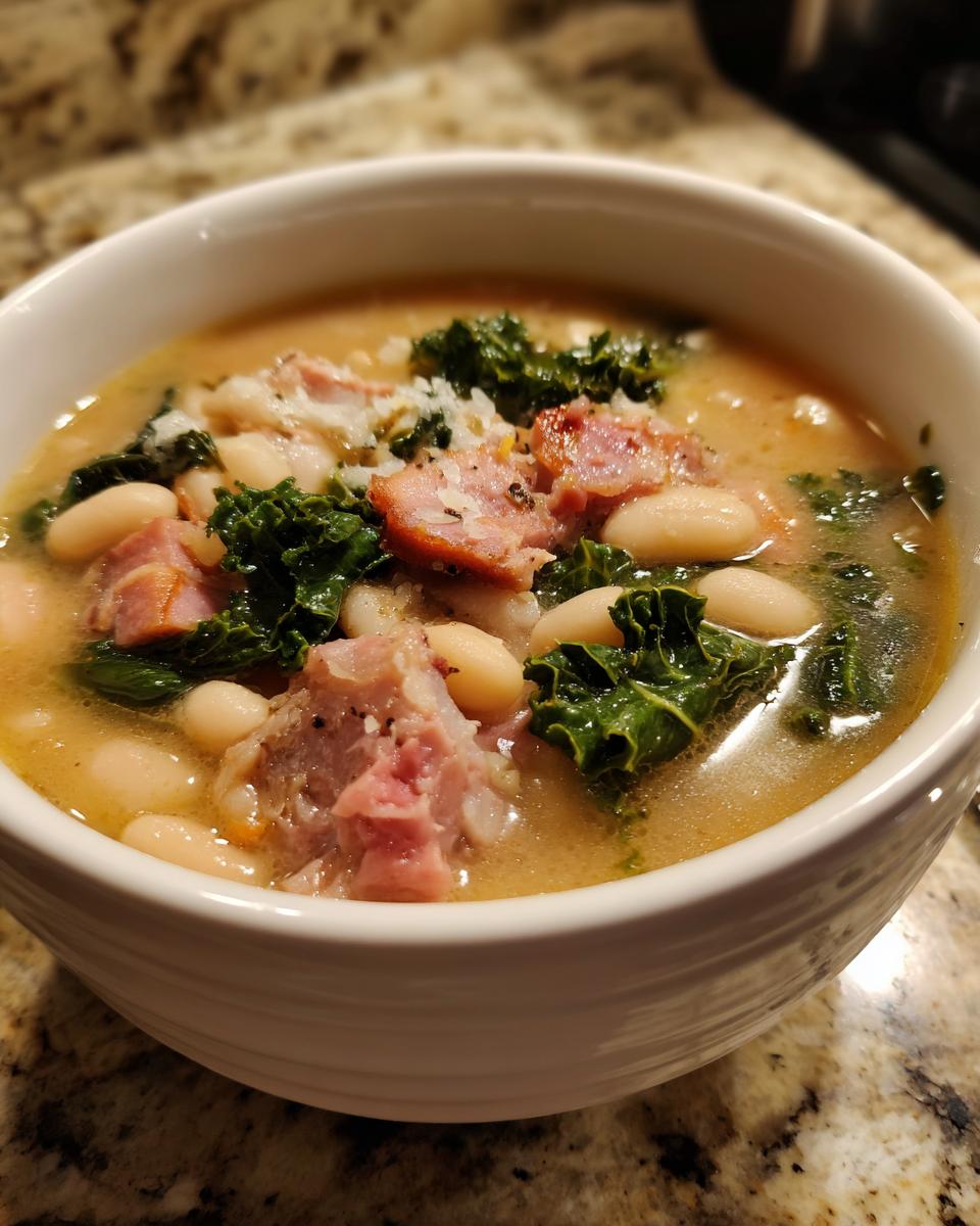 Close-up of a bowl of rich white bean soup featuring chunks of ham, dark green kale, and a savory broth.