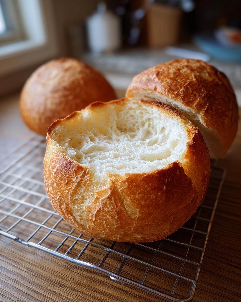 Close-up of a freshly baked, hollowed-out bread bowl sitting on a cooling rack, perfect for soup.