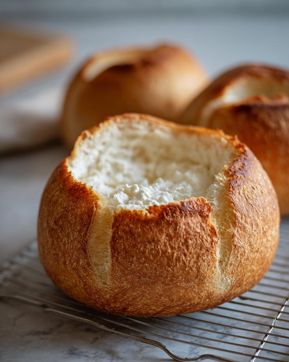 A close-up of a golden-brown bread bowl with the top cut out, revealing a hollow interior, ready to be filled with soup.