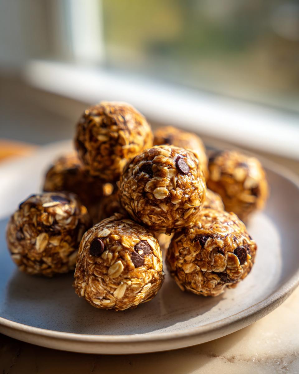A stack of homemade chocolate chip protein balls made with oats, sitting on a light-colored plate near a window.