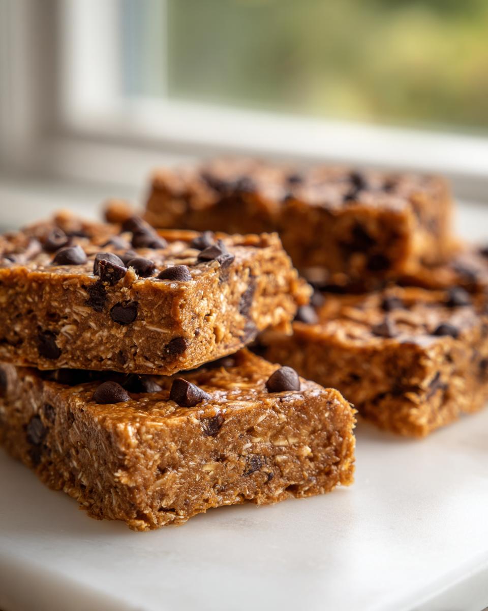 Close-up of stacked, chewy homemade protein bars topped with mini chocolate chips, set against a bright window background.