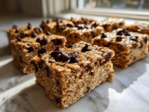 Close-up of several homemade, chewy protein bars topped with chocolate chips, resting on a marble surface.
