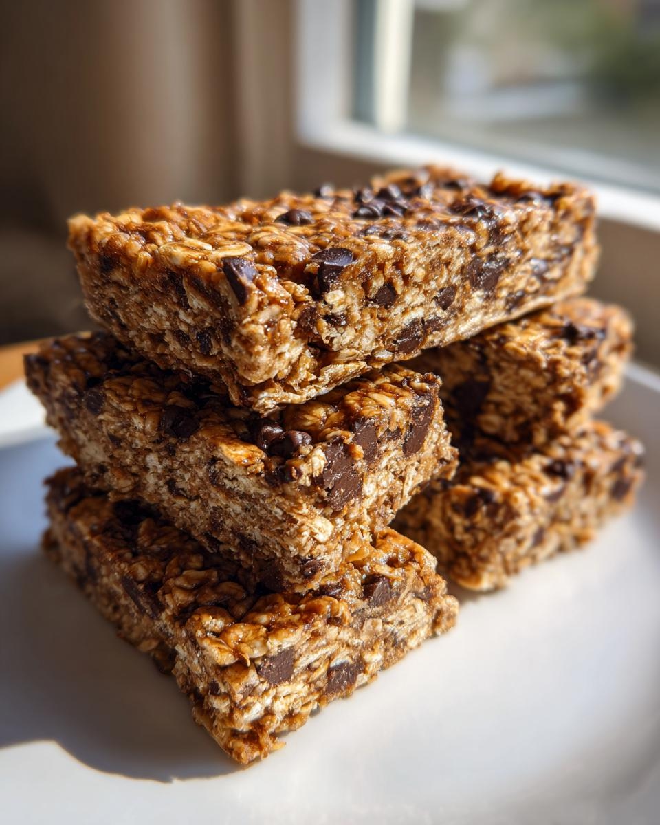 A stack of four homemade, chewy chocolate chip protein bars resting on a white plate near a window.