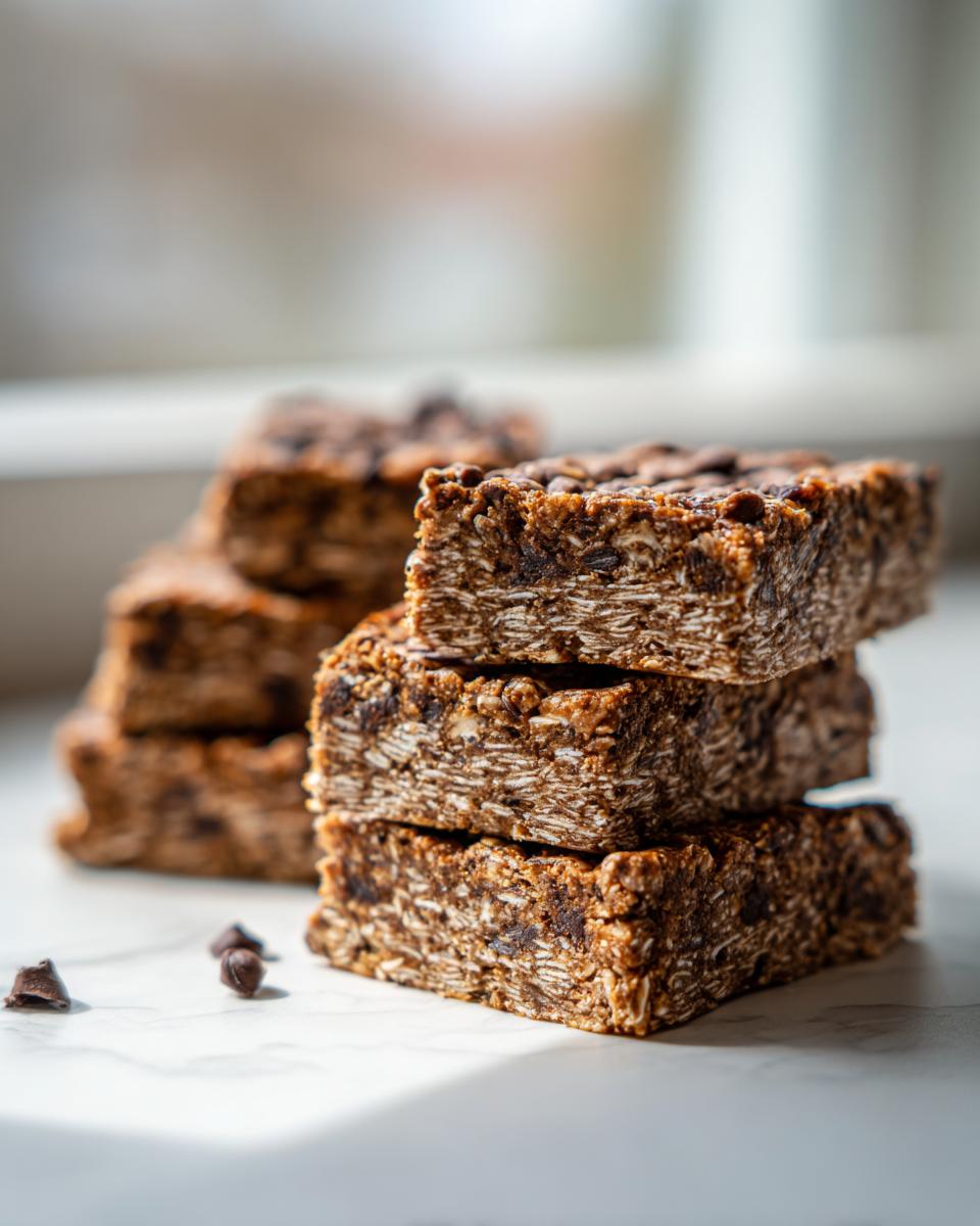 A stack of three chewy, homemade chocolate chip protein bars sits on a white marble surface.
