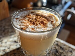 Close-up of a glass filled with creamy homemade eggnog, topped with foam and sprinkled with ground cinnamon.