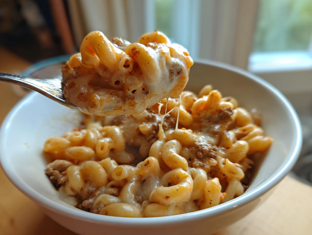 A spoonful of creamy homemade hamburger helper lifted from a white bowl, showing melted cheese strings.