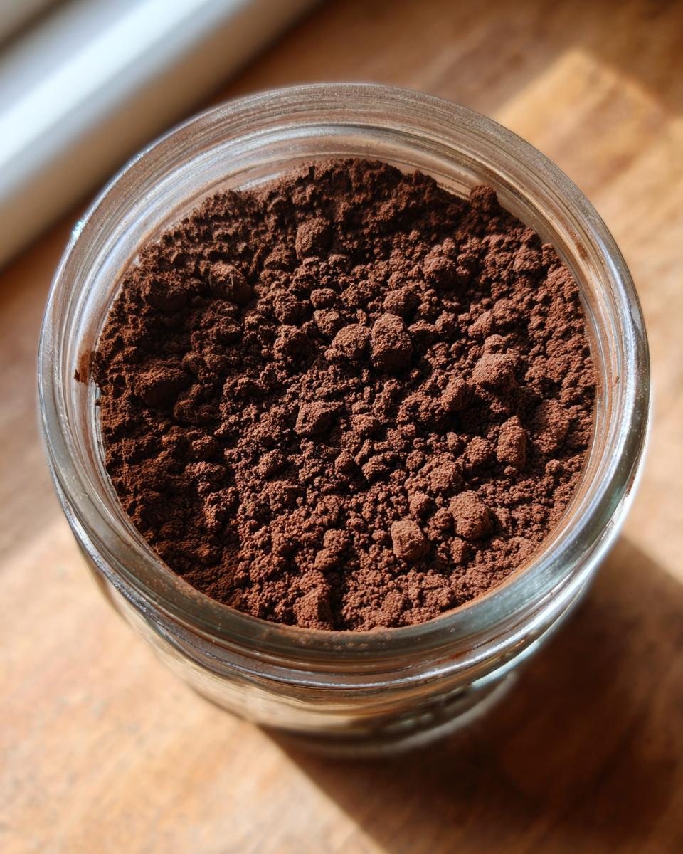Overhead view of rich, dark brown hot cocoa mix filling a clear glass jar on a wooden surface.