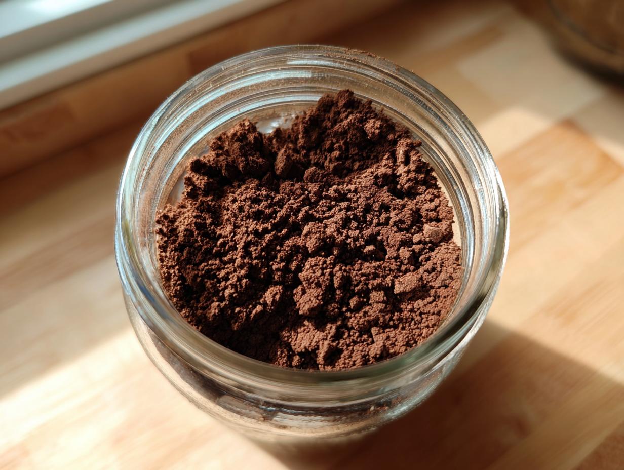 Overhead shot of rich, dark brown homemade hot cocoa mix stored in a small glass jar.