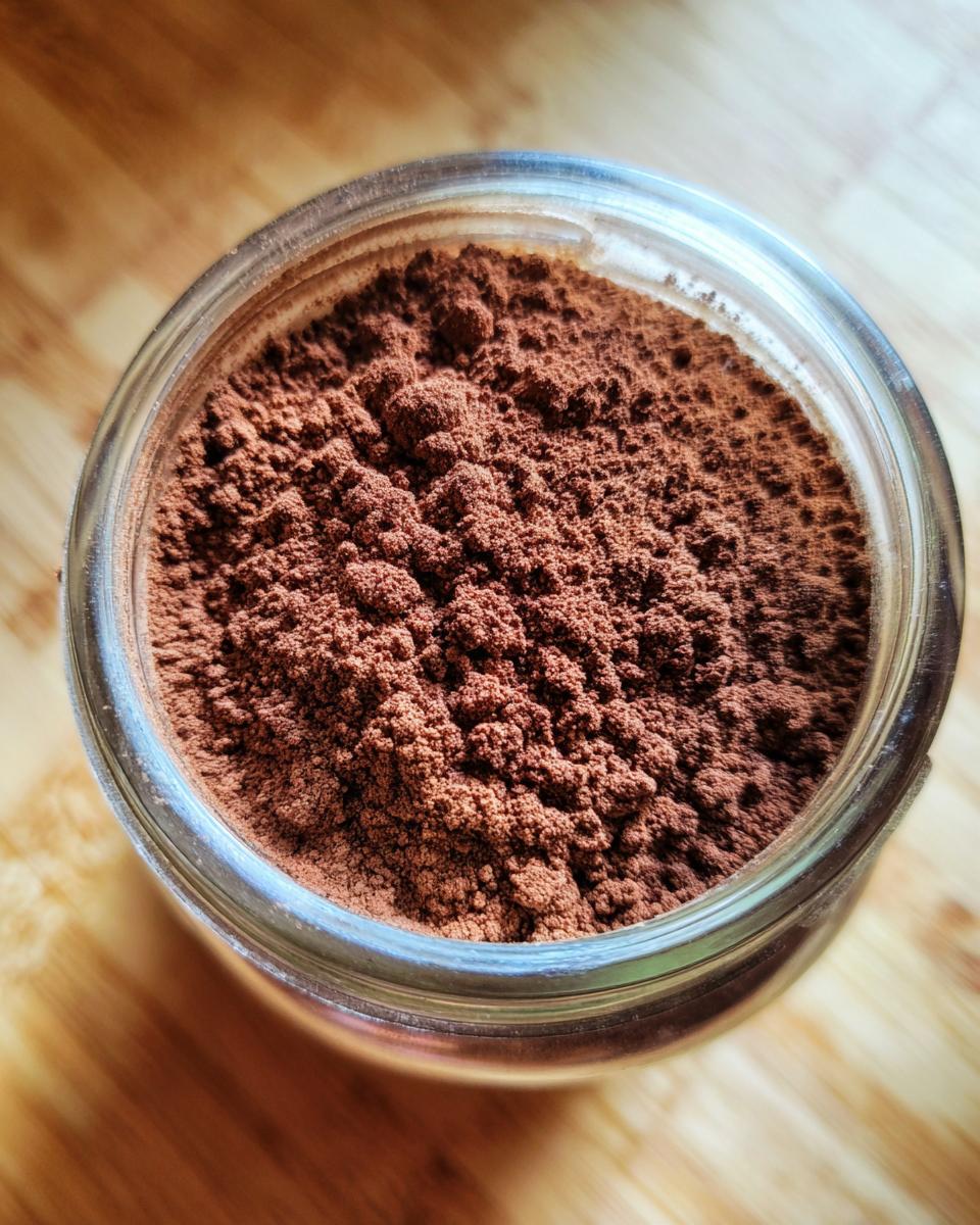 Overhead view of rich, brown hot cocoa mix powder filling a clear glass jar on a wooden surface.