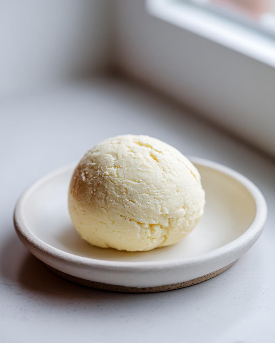 A freshly made ball of pale yellow marzipan recipe dough resting on a small, rustic white ceramic plate.