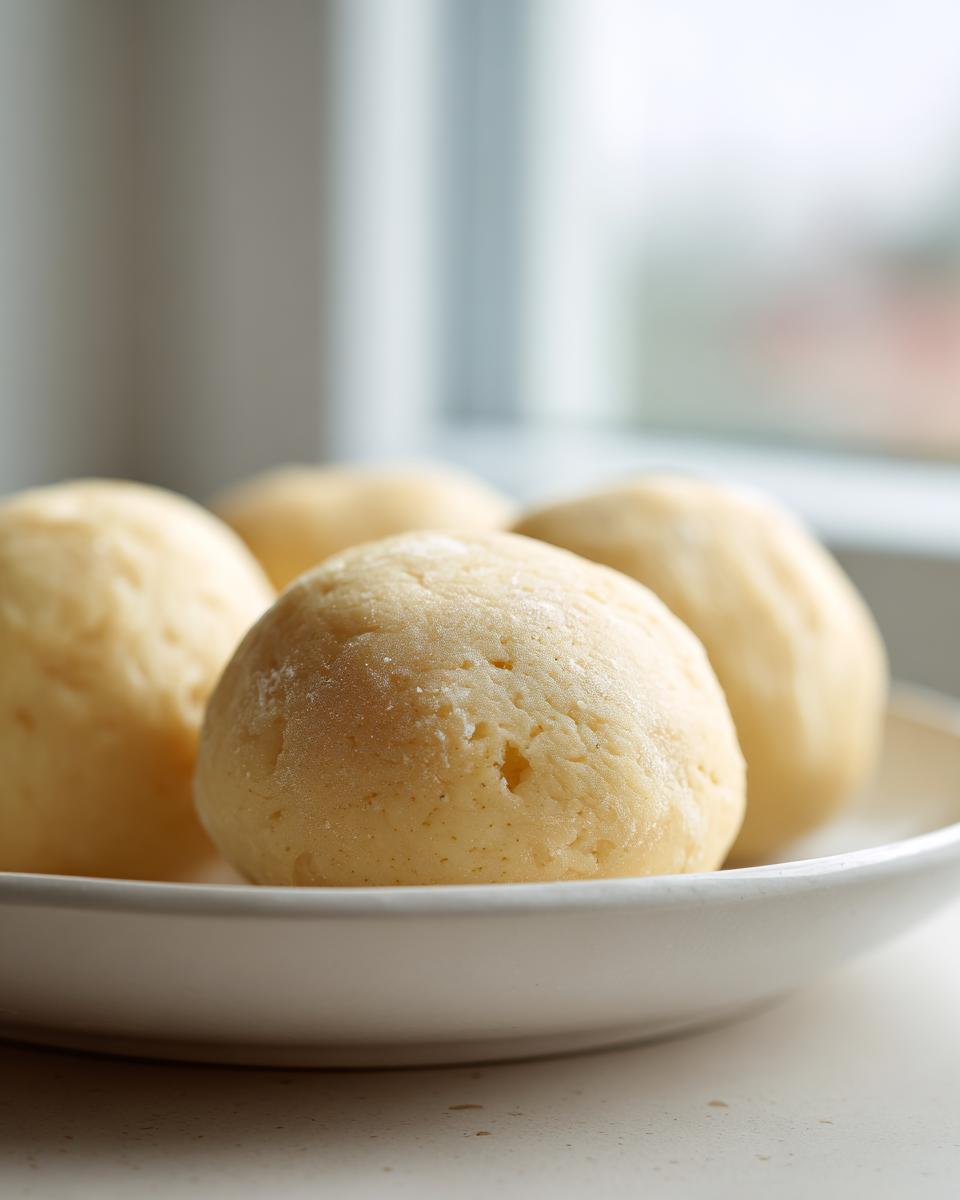 Close-up of several pale yellow balls of homemade marzipan recipe dough resting on a white plate.
