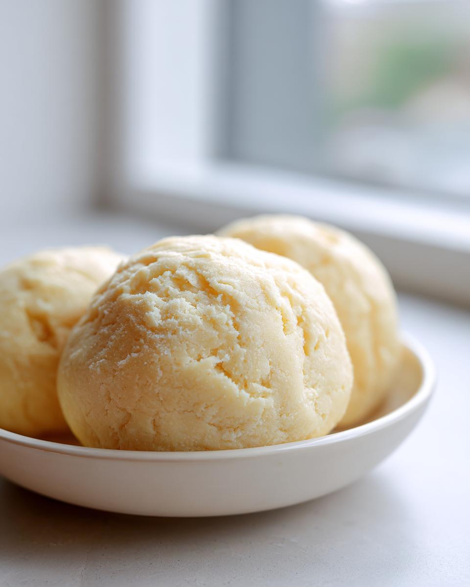 Close-up of pale yellow, textured balls of homemade marzipan recipe dough resting in a small white bowl.