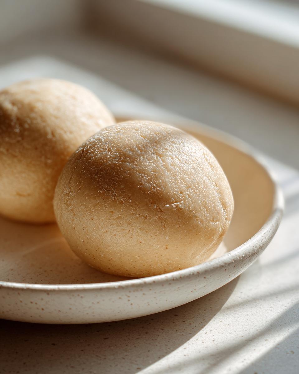 Two smooth balls of homemade marzipan recipe dough resting on a speckled ceramic plate.