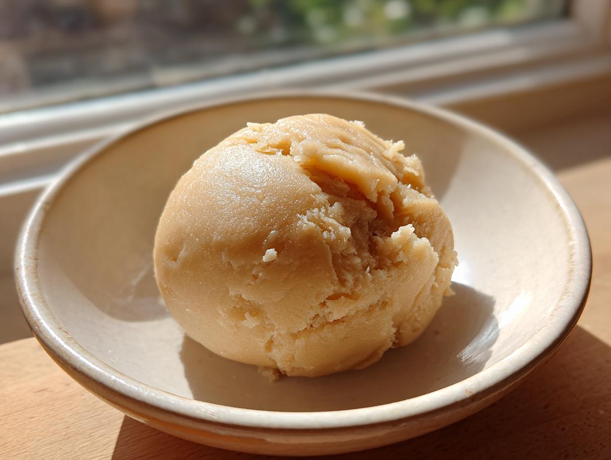 A scoop of light brown, smooth marzipan recipe dough resting in a small, light-colored ceramic bowl.