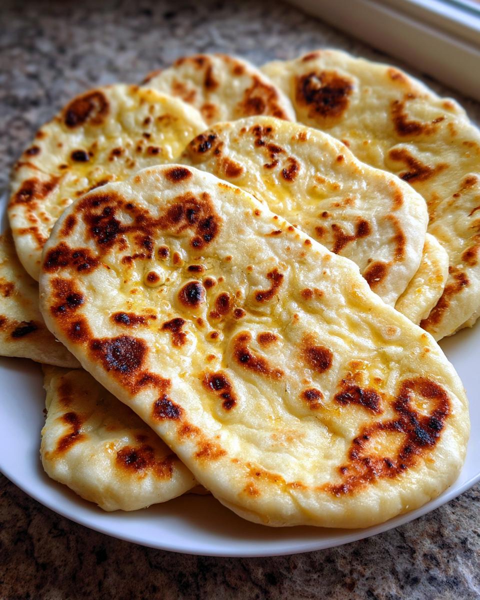 A stack of freshly cooked, slightly charred naan bread brushed with butter on a white plate.