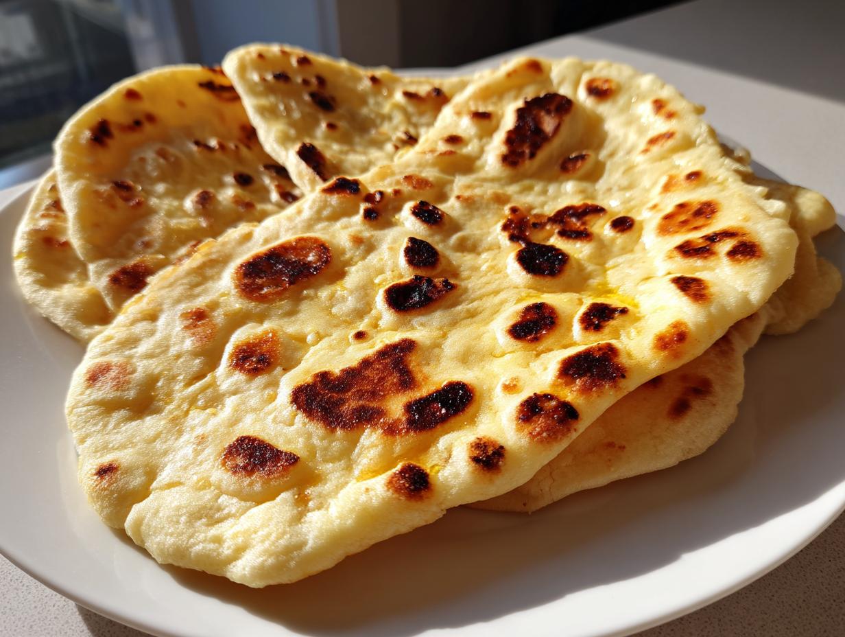 A stack of soft, freshly cooked homemade naan bread with golden brown charred spots on a white plate.