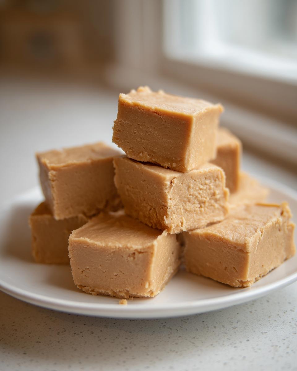 A stack of creamy, light brown peanut butter fudge squares piled on a white plate.