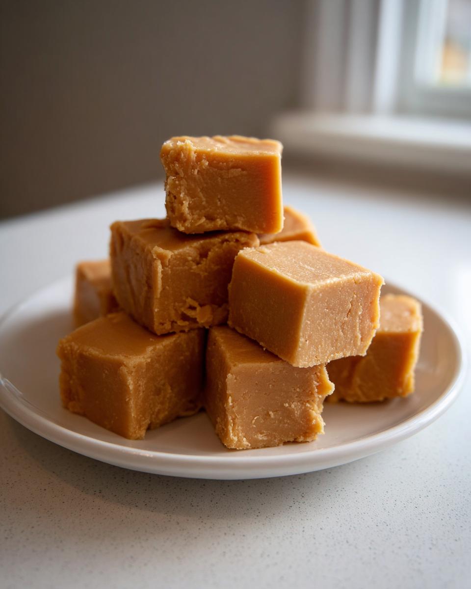 A stack of rich, creamy peanut butter fudge squares piled high on a white plate.