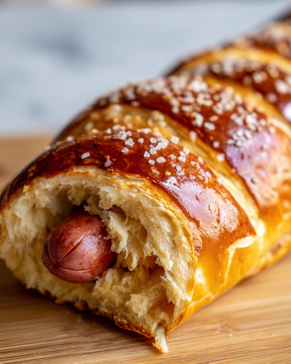 A close-up view of a freshly baked pretzel dog, showing the shiny, dark brown crust sprinkled with coarse salt, with a hot dog visible inside the soft bread.