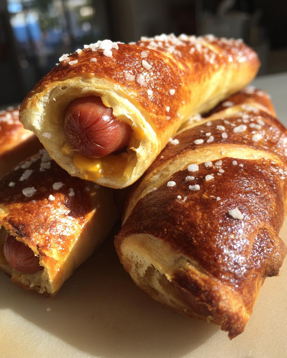 Close-up of golden brown pretzel dogs, one showing a hot dog and mustard filling, sprinkled with coarse salt.