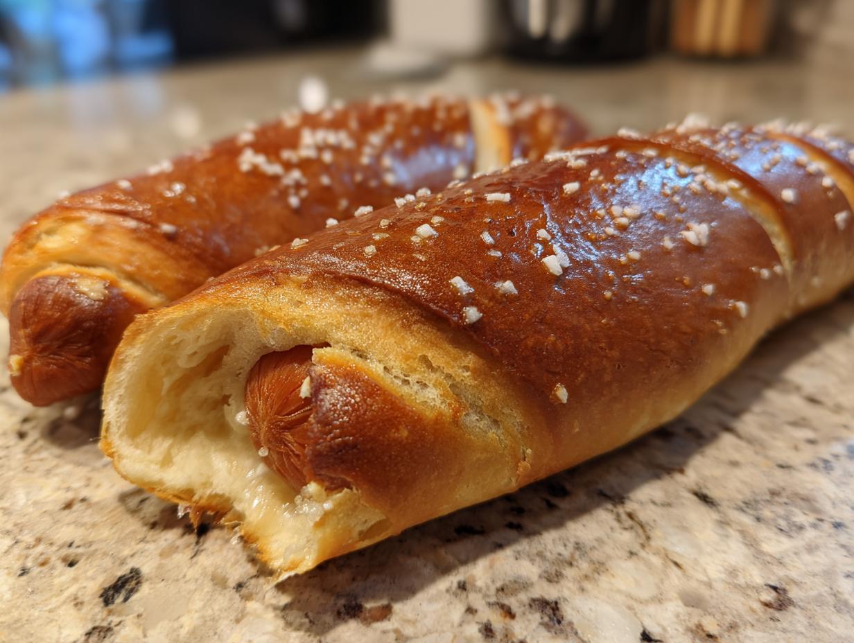 Close-up of two freshly baked pretzel dogs with shiny brown crust and coarse salt, showing the hot dog inside the soft dough.