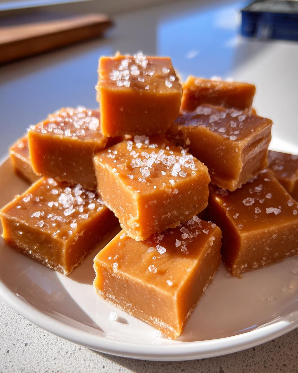A stack of square, chewy caramels topped with flaky sea salt, ready to be enjoyed.