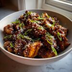 A white bowl filled with pieces of sticky, glazed honey garlic chicken, topped with sesame seeds and sliced green onions.