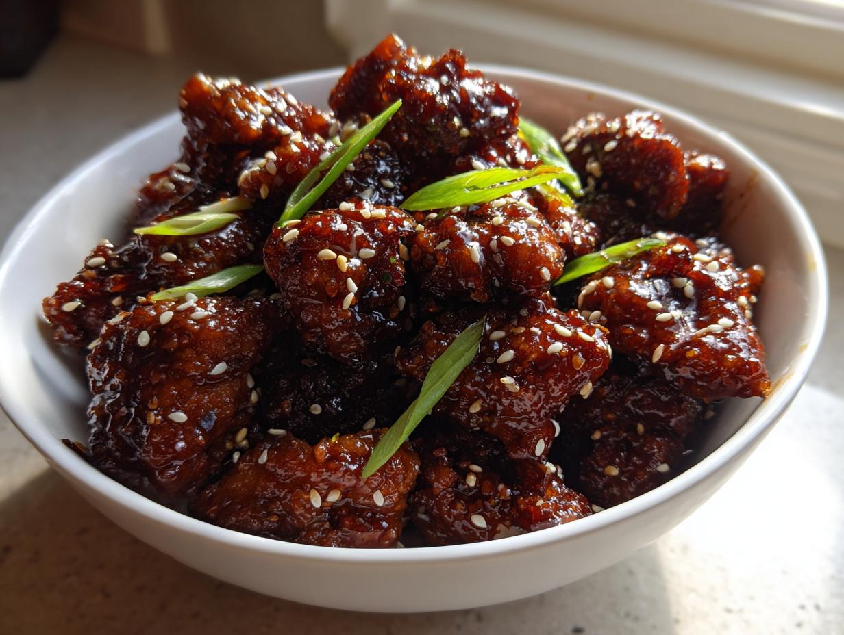 Close-up of sticky, glazed honey garlic chicken pieces sprinkled with sesame seeds and green onions in a white bowl.