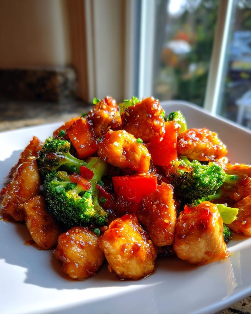 Close-up of glistening honey garlic chicken stir fry pieces mixed with bright green broccoli florets and red bell peppers.