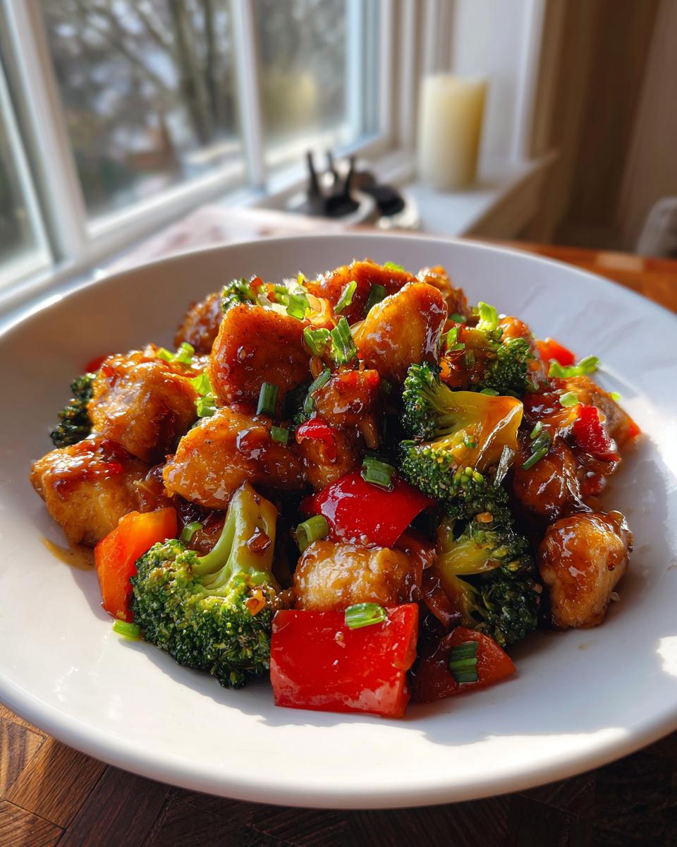 Close-up of a white bowl filled with glossy honey garlic chicken stir fry, featuring chicken pieces, bright red peppers, and broccoli florets.