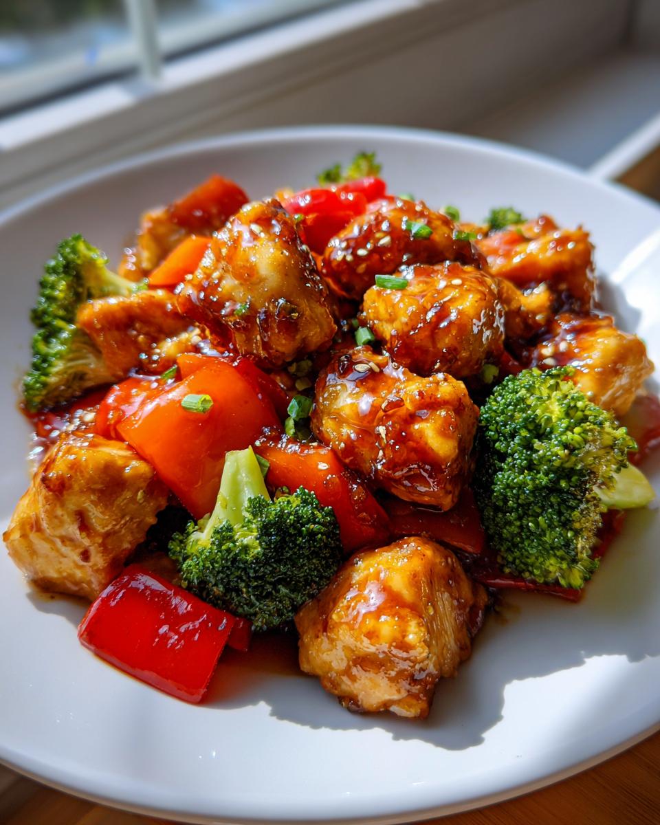 Close-up of glossy, glazed chicken pieces in a honey garlic chicken stir fry with bright red peppers and green broccoli florets.
