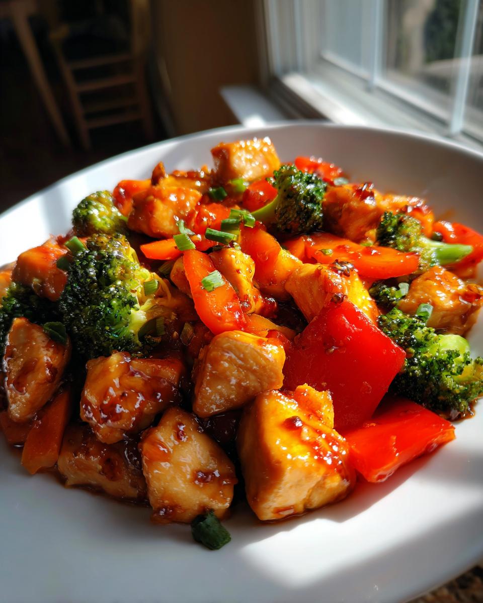 Close-up of glossy, sauced chicken pieces mixed with bright red peppers and broccoli in a honey garlic chicken stir fry.