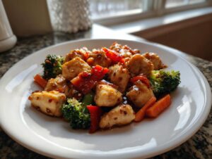 Close-up of tender chicken pieces coated in sauce with broccoli and carrots in a honey garlic chicken stir fry.