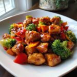 Close-up of glossy, saucy honey garlic chicken stir fry with bright broccoli and red peppers.