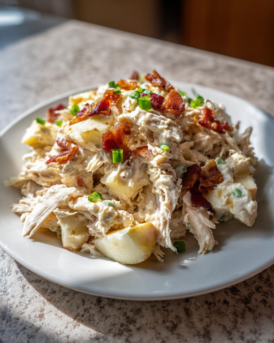 A serving of creamy honey mustard chicken salad mixed with apple chunks and topped with crispy bacon bits and green onions.