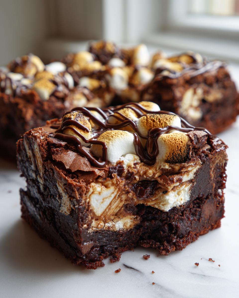 Close-up of a fudgy hot chocolate brownie topped with toasted marshmallows and chocolate drizzle.