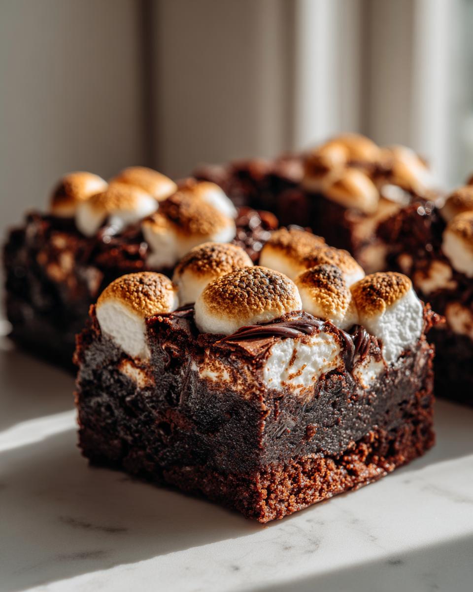 A rich, fudgy square of hot chocolate brownies topped with gooey, toasted marshmallows.