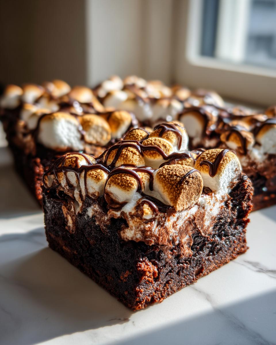 A rich, fudgy square of hot chocolate brownies topped with toasted marshmallows and drizzled with chocolate sauce.