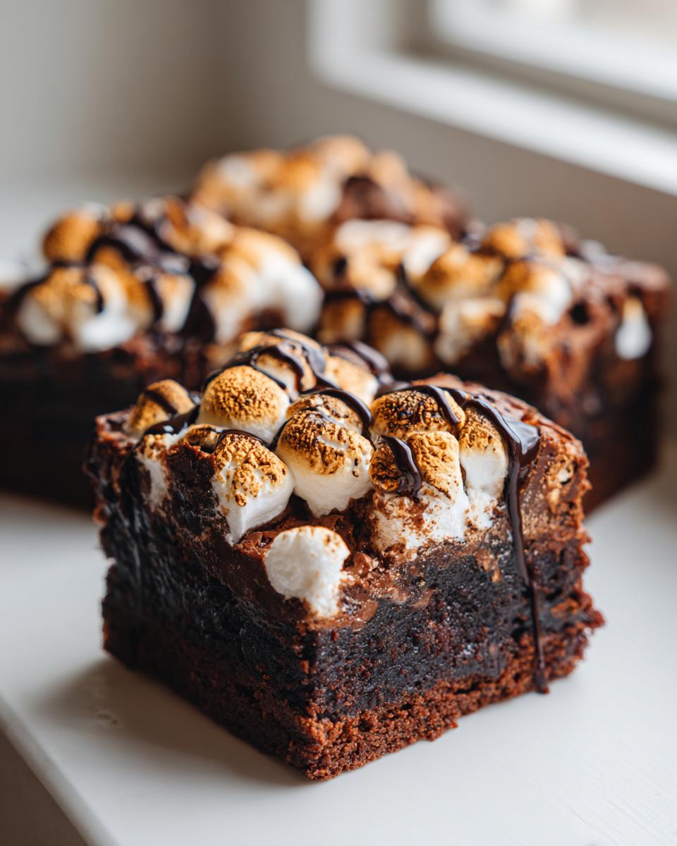 A rich, fudgy hot chocolate brownie square topped with toasted marshmallows and drizzled with chocolate sauce.