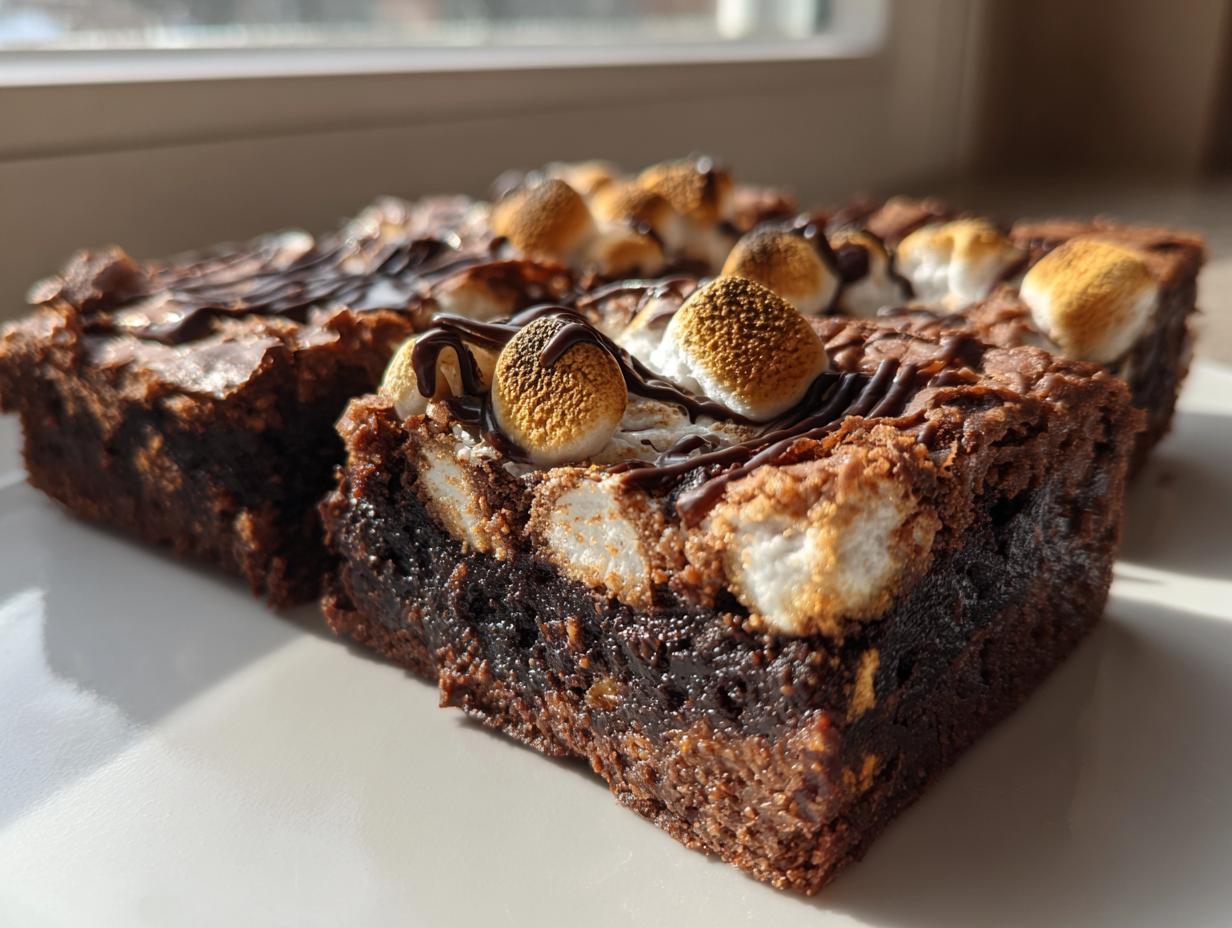Close-up of fudgy hot chocolate brownies topped with toasted marshmallows and a chocolate drizzle.