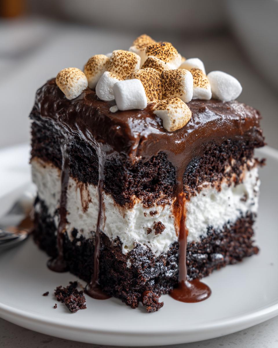 A rich slice of hot chocolate poke cake layered with white filling, topped with chocolate glaze and toasted marshmallows.