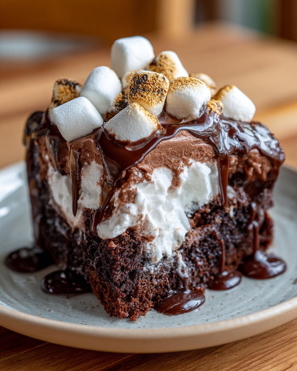 Close-up of a rich slice of hot chocolate poke cake topped with whipped cream, chocolate syrup, and toasted marshmallows.